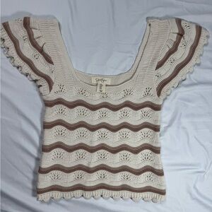Jessica Simpson Cream & Taupe Crochet Knit Top with Flutter Sleeves